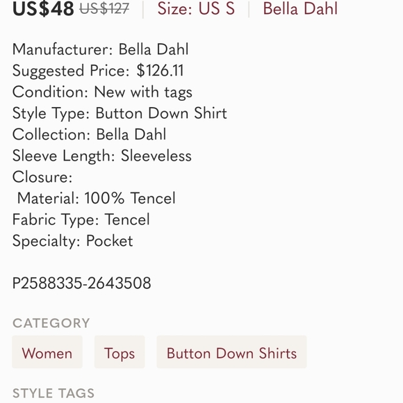 Bella Dahl Green Collared Sleeveless Blouse Button-Down Top Shirt NWT Size Small - Picture 6 of 6